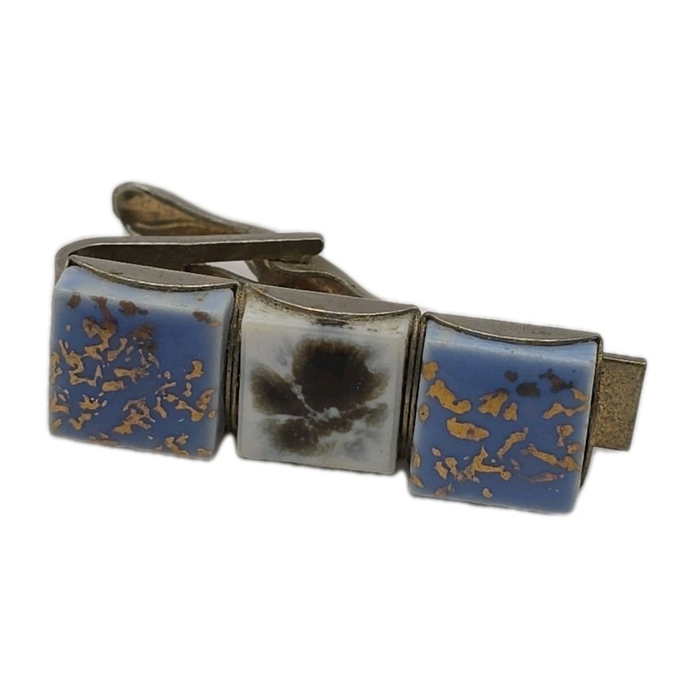 Vintage Blue Glass Tile Trio Tie Clip Gold Tone Flex Blue Square Artisan Boho